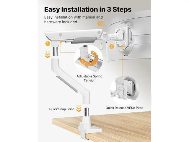 Alt view image 6 of 7 - monTEK Sleek Aluminum Monitor Arm for 1757 Ultrawide Screens up to 59.4 lbs, USB 3.0 A/C, Heavy Duty Single Monitor Arm Desk Mount, Pneumatic Lift, Quick-Release Plate, Clamp/Grommet, VESA 100x100