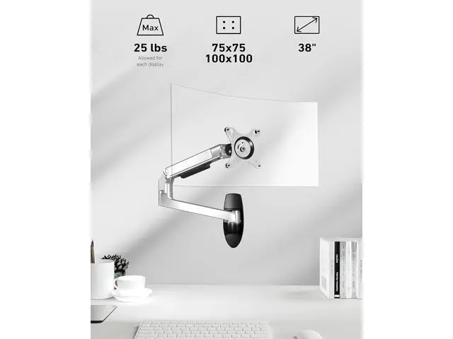 Alt view image 2 of 7 - Monitor Wall Mount for Flat or Curved Screens up to 38" Within 25 lbs, Full Motion Adjustable Monitor Arm Wall Mount with Cable Management, VESA 75x75/100x100mm, Silver