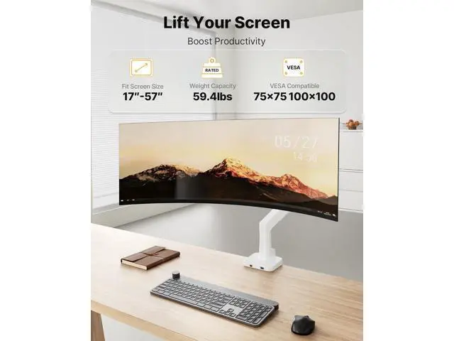 Alt view image 4 of 7 - monTEK Sleek Aluminum Monitor Arm for 1757 Ultrawide Screens up to 59.4 lbs, USB 3.0 A/C, Heavy Duty Single Monitor Arm Desk Mount, Pneumatic Lift, Quick-Release Plate, Clamp/Grommet, VESA 100x100