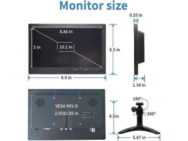 Alt view image 6 of 7 - 10.1 inch Security Monitor & Displays, 1024 * 600 Resolution, HD/BNC/AV/VGA/USB Input, Built-in Dual Speakers Portable LCD Monitor, Suitable for Game CCTV PC DVD DSLR