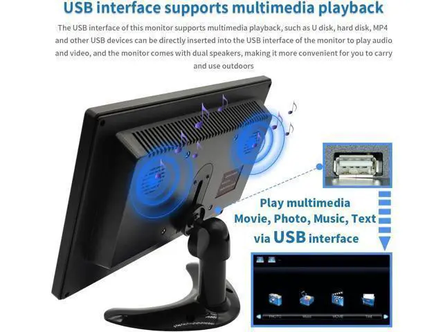 Alt view image 5 of 7 - 10.1 inch Security Monitor & Displays, 1024 * 600 Resolution, HD/BNC/AV/VGA/USB Input, Built-in Dual Speakers Portable LCD Monitor, Suitable for Game CCTV PC DVD DSLR