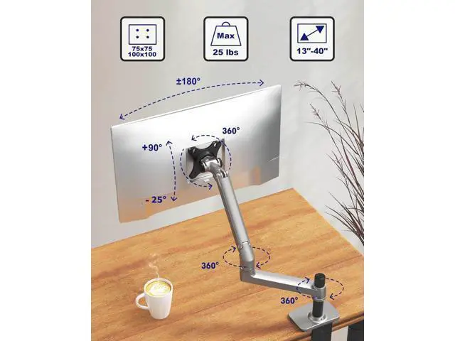 Alt view image 2 of 7 - Single Monitor Arm Desk Mount, Holds Screens up to 40 Inches and 25 lbs, Fully Adjustable Vesa Monitor Mount with C-Clamp and Grommet Base, Aluminum, Silver