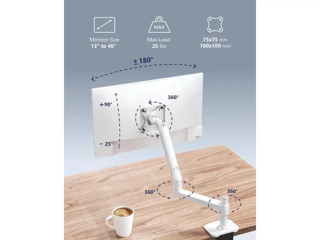 Alt view image 2 of 7 - Single Monitor Arm Desk Mount, Holds Screens up to 40 Inches and 25 lbs, Fully Adjustable Vesa Monitor Mount with C-Clamp and Grommet Base, Aluminum, White
