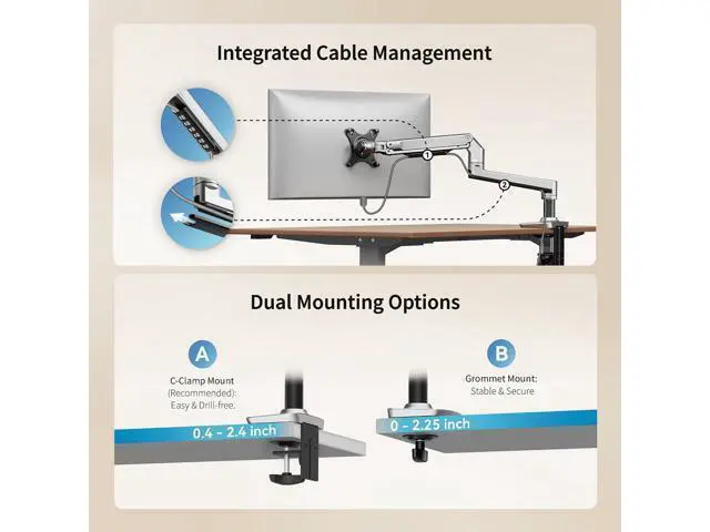 Alt view image 6 of 7 - Single Monitor Arm Desk Mount, Holds Screens up to 40 Inches and 25 lbs, Fully Adjustable Vesa Monitor Mount with C-Clamp and Grommet Base, Aluminum, Silver