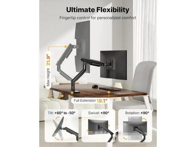 Alt view image 5 of 7 - monTEK Sleek Aluminum Monitor Arm for 1757 Ultrawide Screens up to 59.4 lbs, USB 3.0 A/C, Heavy Duty Single Monitor Arm Desk Mount, Pneumatic Lift, Quick-Release Plate, Clamp/Grommet, VESA 100x100