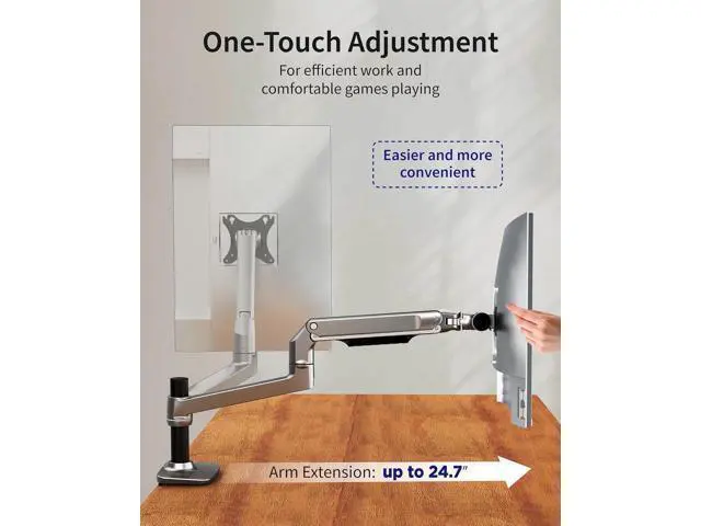 Alt view image 5 of 7 - Single Monitor Arm Desk Mount, Holds Screens up to 40 Inches and 25 lbs, Fully Adjustable Vesa Monitor Mount with C-Clamp and Grommet Base, Aluminum, Silver