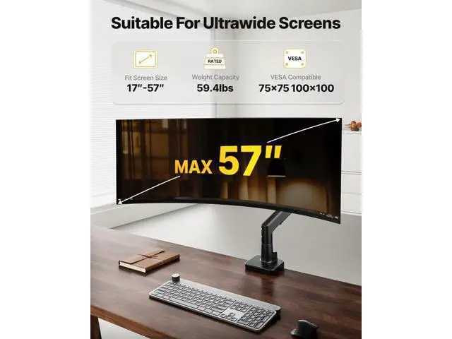 Alt view image 4 of 7 - monTEK Sleek Aluminum Monitor Arm for 1757 Ultrawide Screens up to 59.4 lbs, Heavy Duty Single Monitor Arm Desk Mount, Pneumatic Lift, Quick-Release Plate, Clamp/Grommet, Max VESA 100x100