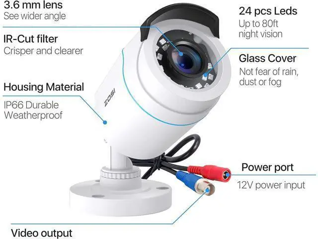 Alt view image 3 of 7 - ZOSI 4 x 2MP 1080p HD-TVI Home Security Camera Outdoor Indoor 1920TVL,24PCS LEDs,80ft Night Vision, 90°View Angle, Weatherproof Outside Surveillance CCTV Bullet Camera