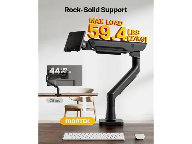Alt view image 6 of 7 - monTEK Sleek Aluminum Monitor Arm for 1757 Ultrawide Screens up to 59.4 lbs, Heavy Duty Single Monitor Arm Desk Mount, Pneumatic Lift, Quick-Release Plate, Clamp/Grommet, Max VESA 100x100