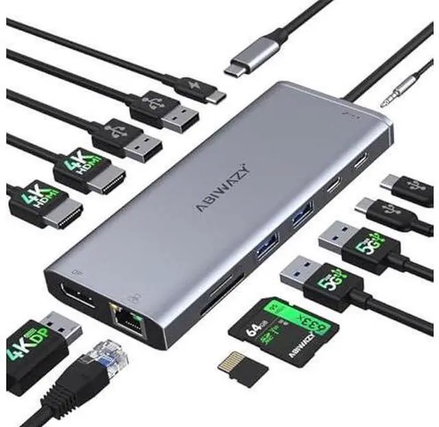 Main image of USB C Hub USB-C Docking Station Dual Monitor 14 in 1 Triple Display Multiport Adapter with 2 HDMI+DP+7 USB Type C/A Ports+Ethernet+Audio, USBC Dongle for Dell/HP/Lenovo ThinkPad/Surface(Grey)