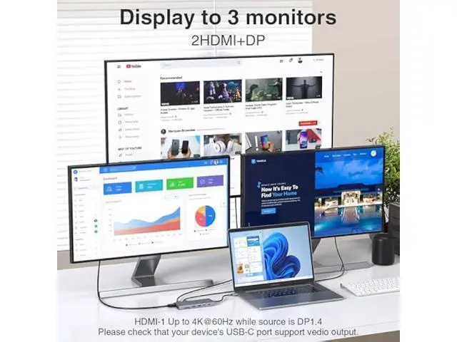 Alt view image 3 of 5 - USB C Hub USB-C Docking Station Dual Monitor 14 in 1 Triple Display Multiport Adapter with 2 HDMI+DP+7 USB Type C/A Ports+Ethernet+Audio, USBC Dongle for Dell/HP/Lenovo ThinkPad/Surface(Grey)
