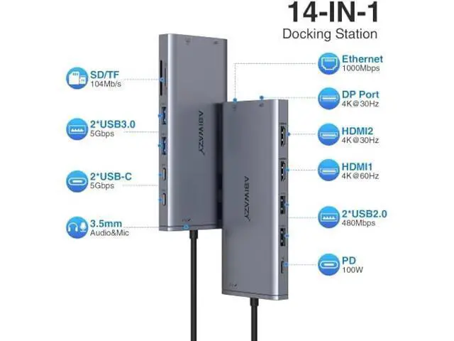 Alt view image 2 of 5 - USB C Hub USB-C Docking Station Dual Monitor 14 in 1 Triple Display Multiport Adapter with 2 HDMI+DP+7 USB Type C/A Ports+Ethernet+Audio, USBC Dongle for Dell/HP/Lenovo ThinkPad/Surface(Grey)