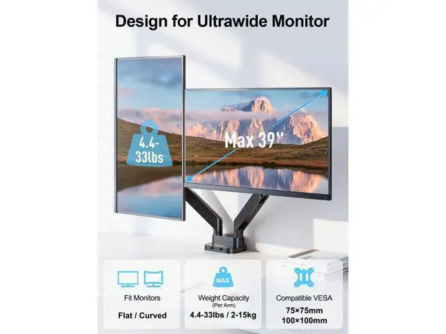 Alt view image 2 of 7 - Dual Monitor Mount Fits Max 39" Computer Screen, Hold 4.4-33 lbs Each Ultrawide Desk Mount, Adjustable Gas Spring Double Monitor Arm, Monitor Stand for 2 Monitors with USB, VESA