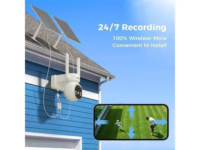 Alt view image 2 of 5 - Hiseeu Solar Powered Security Camera, 24/7 Recording, 4MP 100% Wireless Outdoor Camera, 360° PTZ View, PIR Motion Detection, Color Night Vision, 2-Way Audio, IP66 Waterproof, No Monthly Fees
