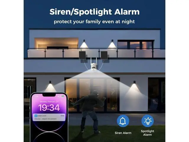 Alt view image 3 of 5 - Hiseeu Solar Powered Security Camera, 24/7 Recording, 4MP 100% Wireless Outdoor Camera, 360° PTZ View, PIR Motion Detection, Color Night Vision, 2-Way Audio, IP66 Waterproof, No Monthly Fees