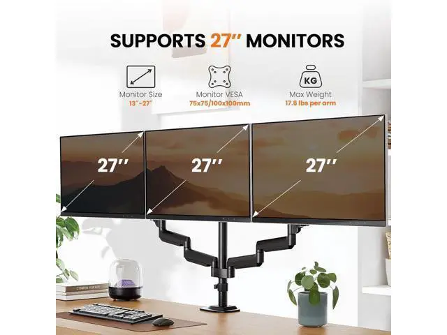 Alt view image 2 of 7 - ErGear Triple Monitor Mount for 13-27 inch Screens, Premium Aluminum Triple Monitors Stand up to 17.6 lbs, Sturdy 3 Monitor Desk Mount with Swivel, Tilt, Rotation, Max VESA 100x100mm