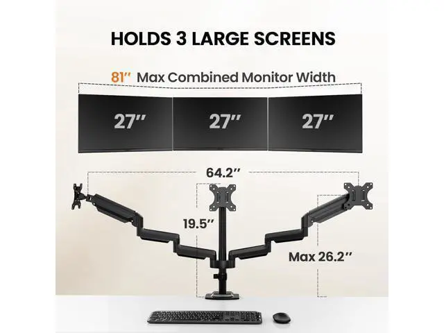 Alt view image 5 of 7 - ErGear Triple Monitor Mount for 13-27 inch Screens, Premium Aluminum Triple Monitors Stand up to 17.6 lbs, Sturdy 3 Monitor Desk Mount with Swivel, Tilt, Rotation, Max VESA 100x100mm