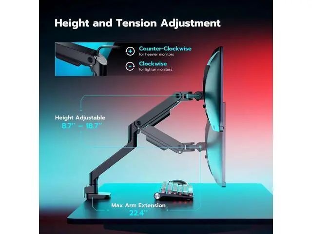 Alt view image 5 of 7 - ARES WING Ultrawide Monitor Arm for 17 to 49 Inch Heavy Duty Curved Screen, Holds 44 Lbs, Adjustable Gas Spring Monitor Arm Desk Mount with C Clamp, Grommet Base, 75/100 Vesa Mount, Black