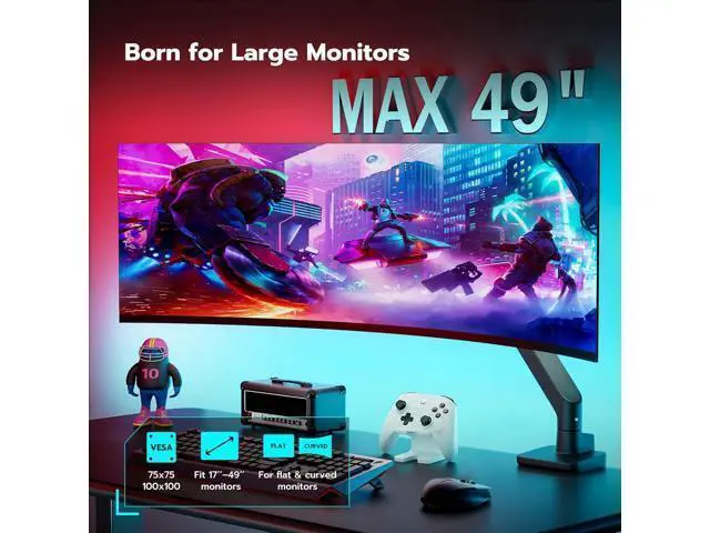 Alt view image 3 of 7 - ARES WING Ultrawide Monitor Arm for 17 to 49 Inch Heavy Duty Curved Screen, Holds 44 Lbs, Adjustable Gas Spring Monitor Arm Desk Mount with C Clamp, Grommet Base, 75/100 Vesa Mount, Black