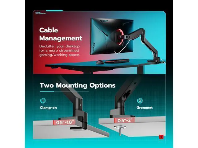 Alt view image 6 of 7 - ARES WING Ultrawide Monitor Arm for 17 to 49 Inch Heavy Duty Curved Screen, Holds 44 Lbs, Adjustable Gas Spring Monitor Arm Desk Mount with C Clamp, Grommet Base, 75/100 Vesa Mount, Black