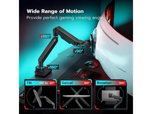 Alt view image 4 of 7 - ARES WING Ultrawide Monitor Arm for 17 to 49 Inch Heavy Duty Curved Screen, Holds 44 Lbs, Adjustable Gas Spring Monitor Arm Desk Mount with C Clamp, Grommet Base, 75/100 Vesa Mount, Black