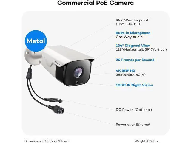Alt view image 4 of 6 - ONWOTE 4K 8MP UltraHD PoE IP Security Camera, AI Human Vehicle Detection, 3840x2160 8 Megapixels, 134° FoV, Video Audio, Indoor Outdoor, Commercial Wired Camera for Business, Add-on to PoE NVR System