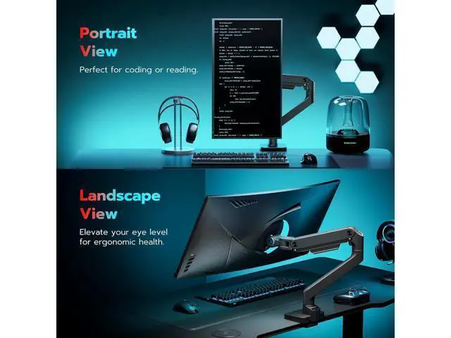 Alt view image 7 of 7 - ARES WING Ultrawide Monitor Arm for 17 to 49 Inch Heavy Duty Curved Screen, Holds 44 Lbs, Adjustable Gas Spring Monitor Arm Desk Mount with C Clamp, Grommet Base, 75/100 Vesa Mount, Black
