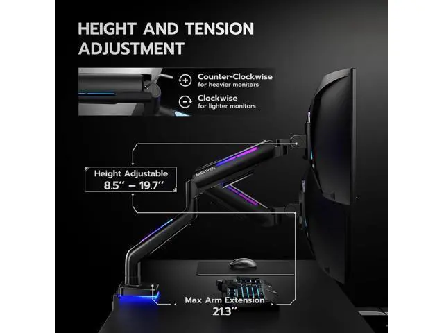 Alt view image 6 of 7 - Ultrawide Monitor arm for 17-49'' Heavy Duty Screen up to 44lbs, Gas Spring Single Monitor Arm with RGB Light, Adjustable Gaming Computer Monitor Arm for Desk, Black
