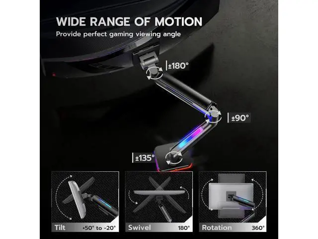 Alt view image 2 of 7 - Ultrawide Monitor arm for 17-49'' Heavy Duty Screen up to 44lbs, Gas Spring Single Monitor Arm with RGB Light, Adjustable Gaming Computer Monitor Arm for Desk, Black