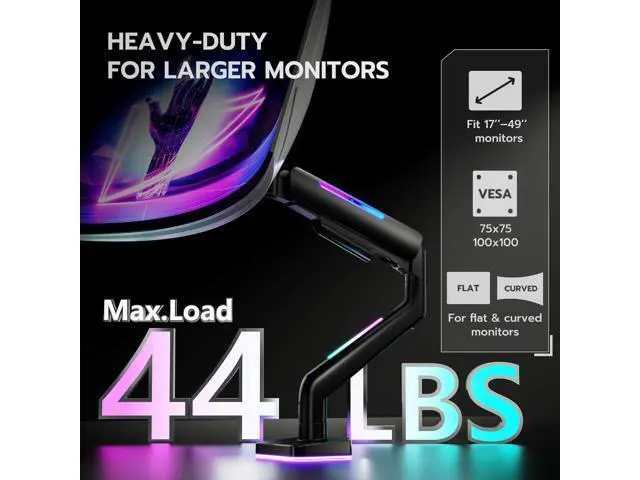 Alt view image 5 of 7 - Ultrawide Monitor arm for 17-49'' Heavy Duty Screen up to 44lbs, Gas Spring Single Monitor Arm with RGB Light, Adjustable Gaming Computer Monitor Arm for Desk, Black