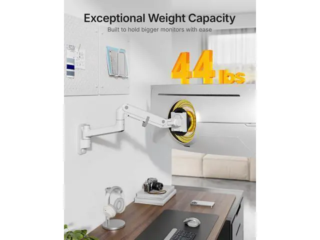 Alt view image 2 of 7 - monTEK 17-49 inch Single Monitor Wall Mount for up to 44 lbs Ultrawide Screen, Premium Aluminum Heavy Duty Monitor Arm with Adjustable Gas Spring Arm, 75x75/100x100 VESA Mount, White