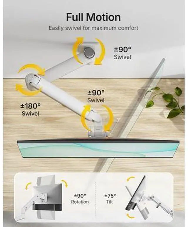 Alt view image 5 of 7 - monTEK 17-49 inch Single Monitor Wall Mount for up to 44 lbs Ultrawide Screen, Premium Aluminum Heavy Duty Monitor Arm with Adjustable Gas Spring Arm, 75x75/100x100 VESA Mount, White