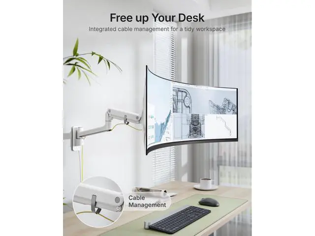Alt view image 6 of 7 - monTEK 17-49 inch Single Monitor Wall Mount for up to 44 lbs Ultrawide Screen, Premium Aluminum Heavy Duty Monitor Arm with Adjustable Gas Spring Arm, 75x75/100x100 VESA Mount, White