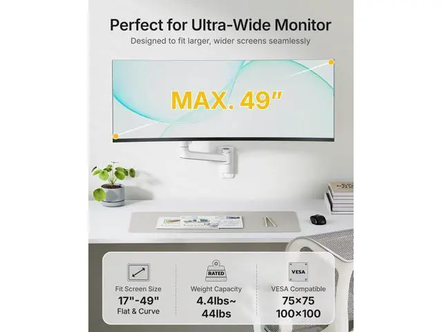 Alt view image 3 of 7 - monTEK 17-49 inch Single Monitor Wall Mount for up to 44 lbs Ultrawide Screen, Premium Aluminum Heavy Duty Monitor Arm with Adjustable Gas Spring Arm, 75x75/100x100 VESA Mount, White