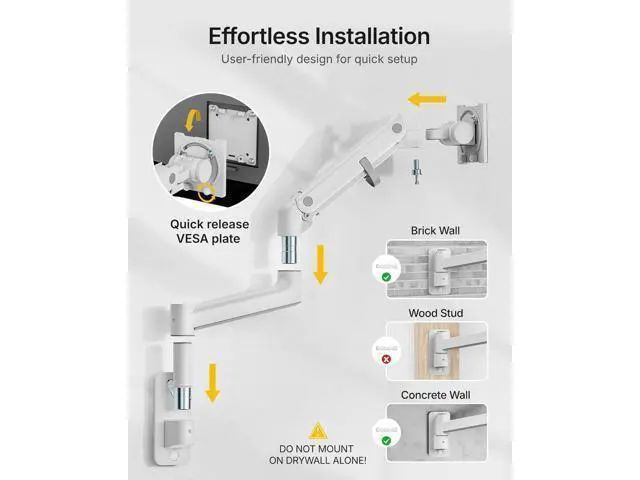 Alt view image 7 of 7 - monTEK 17-49 inch Single Monitor Wall Mount for up to 44 lbs Ultrawide Screen, Premium Aluminum Heavy Duty Monitor Arm with Adjustable Gas Spring Arm, 75x75/100x100 VESA Mount, White