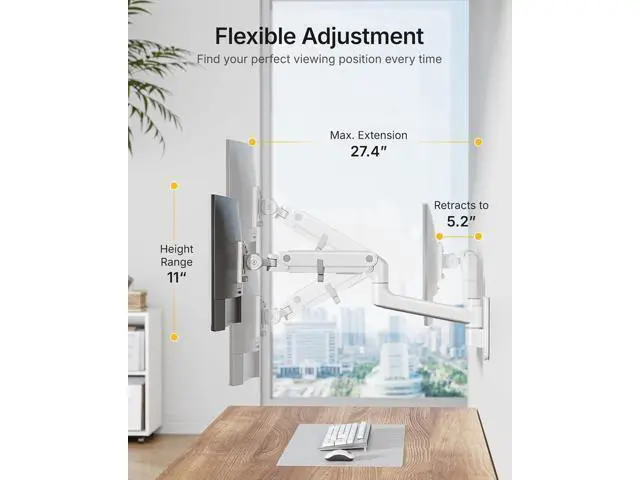 Alt view image 4 of 7 - monTEK 17-49 inch Single Monitor Wall Mount for up to 44 lbs Ultrawide Screen, Premium Aluminum Heavy Duty Monitor Arm with Adjustable Gas Spring Arm, 75x75/100x100 VESA Mount, White