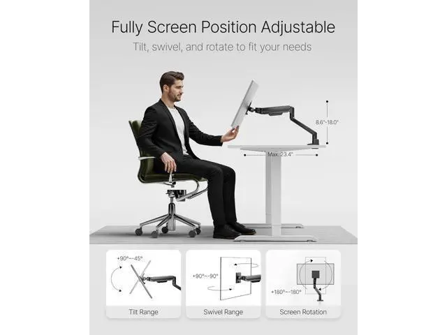 Alt view image 5 of 7 - monTEK Deluxe Monitor Arm up to 40 Inch Holds 26.4 lbs Curved Screens Aluminum Fully Motion Adjustable Single Monitor Stand with Clamp/Grommet Desk Mount, Quick Release Plate,75/100mm VESA, MA1008BK