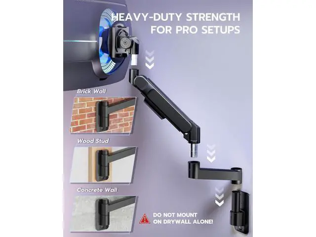 Alt view image 7 of 7 - ARES WING Monitor Wall Mount for 24-57 Inch Ultrawide Gaming Screens, Premium Heavy Duty Monitor Arm Holds 60 lbs, Full Motion Gas Spring, Bearing Head for Easy Adjustment, 75/100 VESA Mount, Black
