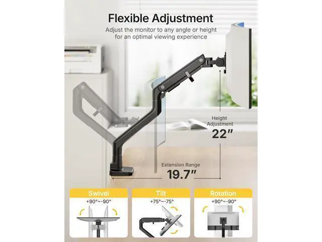 Alt view image 4 of 7 - monTEK Single Monitor Arm with USB A/C, Ultrawide Monitor Stand for 17 to 57 Inch Curved Screen, Holds 59.4 lbs, Adjustable Gas Spring Arm, 75/100 VESA Mount, Clamp & Grommet Desk Mount, Black