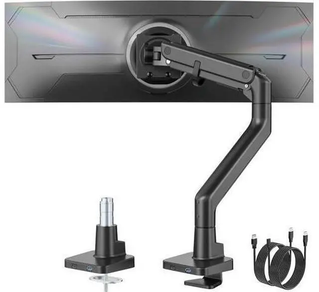 Main image of monTEK Single Monitor Arm with USB A/C, Ultrawide Monitor Stand for 17 to 57 Inch Curved Screen, Holds 59.4 lbs, Adjustable Gas Spring Arm, 75/100 VESA Mount, Clamp & Grommet Desk Mount, Black