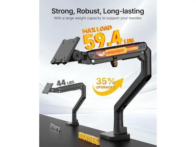 Alt view image 6 of 7 - monTEK Single Monitor Arm with USB A/C, Ultrawide Monitor Stand for 17 to 57 Inch Curved Screen, Holds 59.4 lbs, Adjustable Gas Spring Arm, 75/100 VESA Mount, Clamp & Grommet Desk Mount, Black