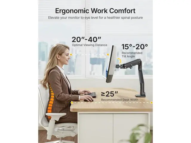 Alt view image 3 of 7 - monTEK Single Monitor Arm with USB A/C, Ultrawide Monitor Stand for 17 to 57 Inch Curved Screen, Holds 59.4 lbs, Adjustable Gas Spring Arm, 75/100 VESA Mount, Clamp & Grommet Desk Mount, Black