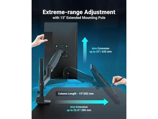 Alt view image 3 of 6 - Heavy Duty Monitor Arm for 13-49 Inch Ultrawide Screens, Holds Up to 44lbs, Fully Adjustable Single Monitor Mount, with Clamp & Grommet Base, 75/100mm VESA Desk Mount, Black