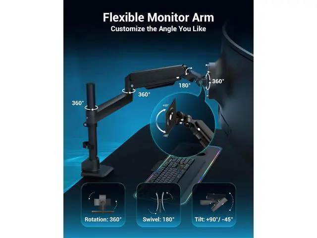 Alt view image 4 of 6 - Heavy Duty Monitor Arm for 13-49 Inch Ultrawide Screens, Holds Up to 44lbs, Fully Adjustable Single Monitor Mount, with Clamp & Grommet Base, 75/100mm VESA Desk Mount, Black