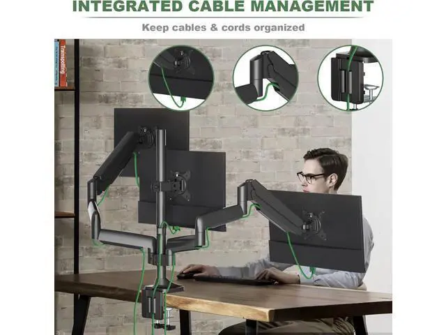 Alt view image 7 of 7 - Triple Monitor Stand for Three Computer Screens up to 32, Heavy Duty C-Clamp Base, Fully Adjustable Gas Spring 3 Monitor Desk Mount Arms Hold up to 30.9 lbs Each