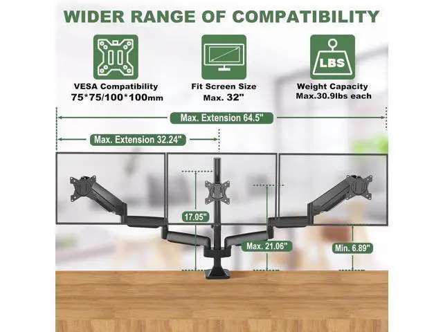 Alt view image 3 of 7 - Triple Monitor Stand for Three Computer Screens up to 32, Heavy Duty C-Clamp Base, Fully Adjustable Gas Spring 3 Monitor Desk Mount Arms Hold up to 30.9 lbs Each