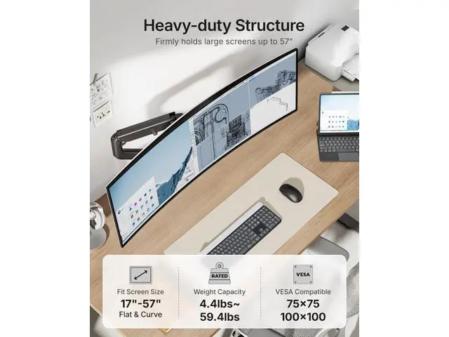 Alt view image 2 of 7 - monTEK Heavy-Duty Monitor Arm for 17-57" Ultrawide Curved Screen, Supports up to 59.4 lbs, Adjustable Gas Spring Arm, 75/100 VESA Mount, Clamp & Grommet Desk Monitor Mount Single, Black