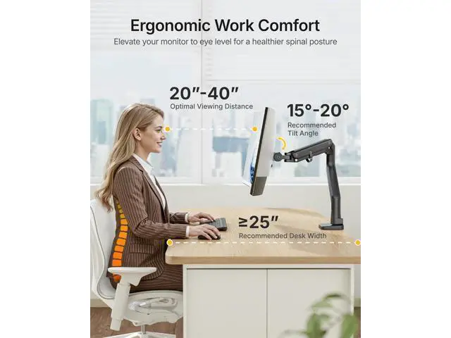 Alt view image 3 of 7 - monTEK Heavy-Duty Monitor Arm for 17-57" Ultrawide Curved Screen, Supports up to 59.4 lbs, Adjustable Gas Spring Arm, 75/100 VESA Mount, Clamp & Grommet Desk Monitor Mount Single, Black