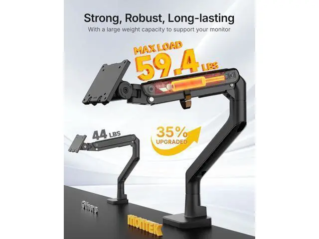 Alt view image 6 of 7 - monTEK Heavy-Duty Monitor Arm for 17-57" Ultrawide Curved Screen, Supports up to 59.4 lbs, Adjustable Gas Spring Arm, 75/100 VESA Mount, Clamp & Grommet Desk Monitor Mount Single, Black