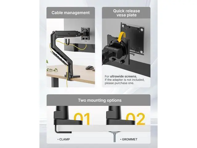 Alt view image 7 of 7 - monTEK Heavy-Duty Monitor Arm for 17-57" Ultrawide Curved Screen, Supports up to 59.4 lbs, Adjustable Gas Spring Arm, 75/100 VESA Mount, Clamp & Grommet Desk Monitor Mount Single, Black